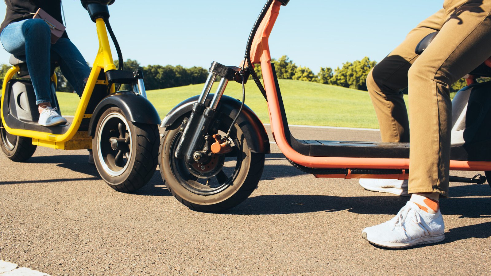 electric scooter, low angle view with lithium battery for e-scooter