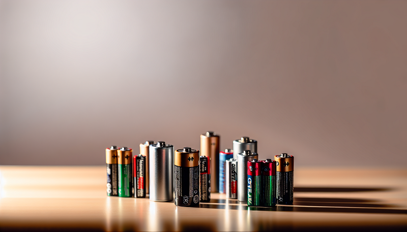 various types of batteries displayed on a table