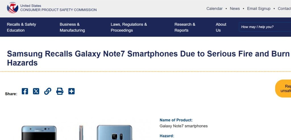 Samsung Recalls Galaxy Note7 Smartphones - CPSC news